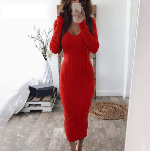 Women's Knitted Dress for Autumn Occasions in Red