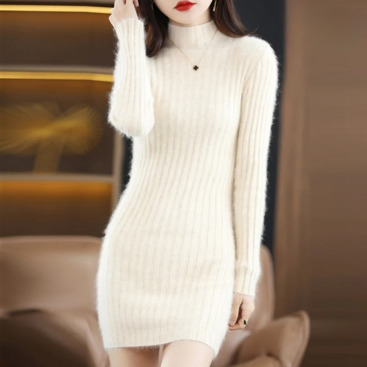 Women's Knitted Dress with Long Sleeves for Autumn in Beige