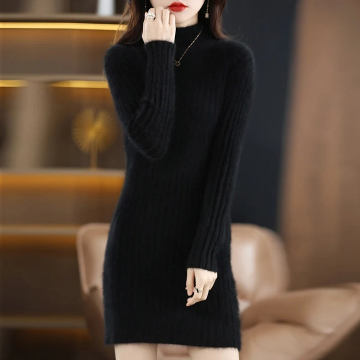 Women's Knitted Dress with Long Sleeves for Autumn in Black