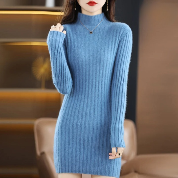 Women's Knitted Dress with Long Sleeves for Autumn in Blue