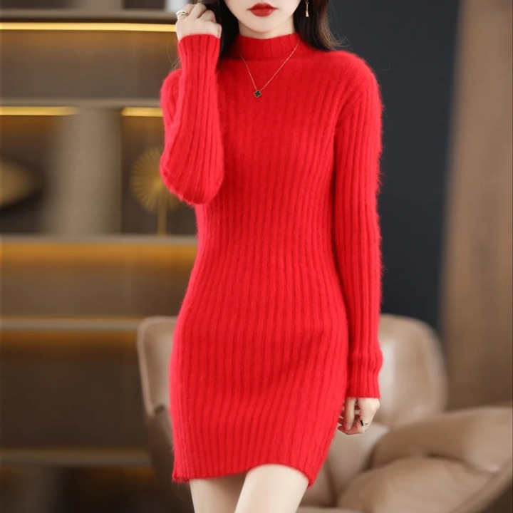 Women's Knitted Dress with Long Sleeves for Autumn in Red