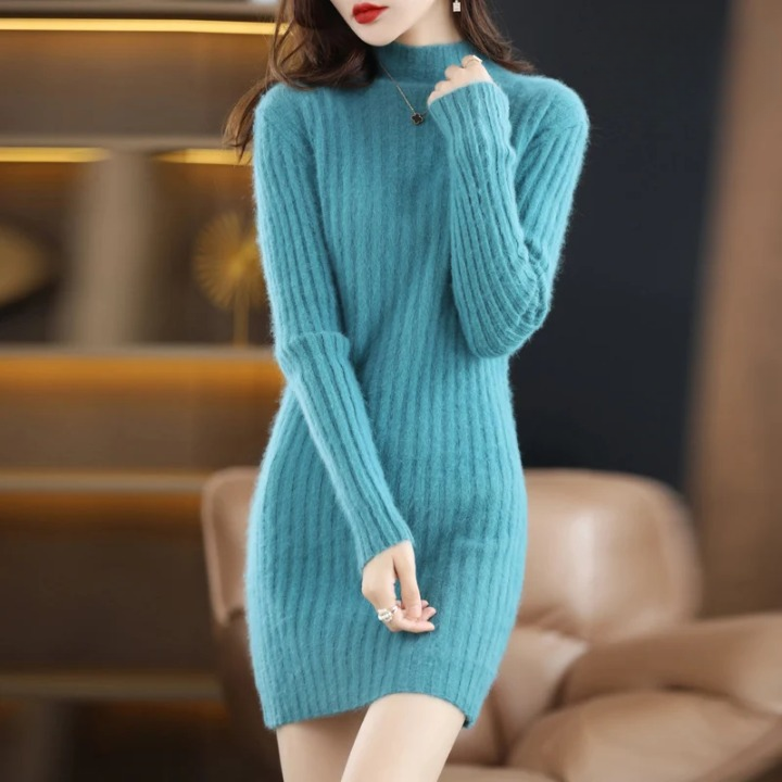 Women's Knitted Dress with Long Sleeves for Autumn in Türkis