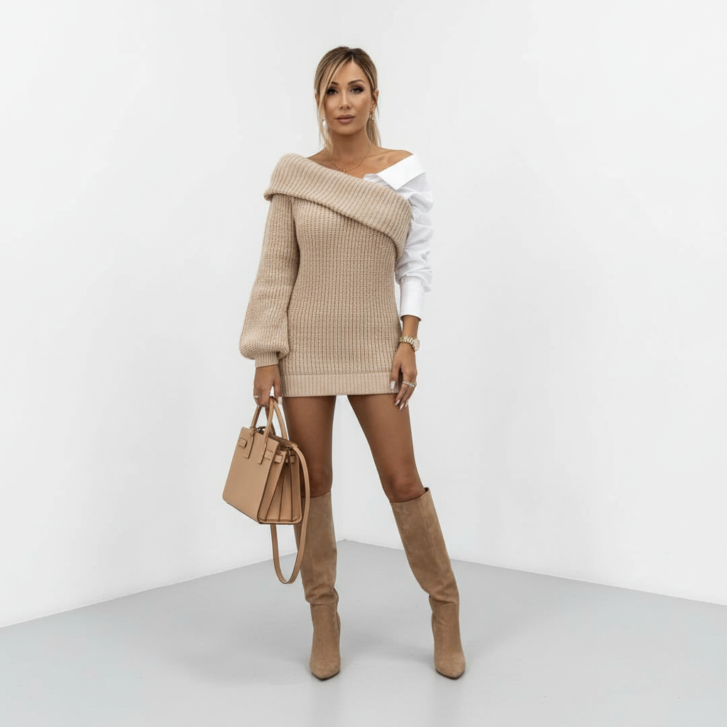 Women's Knitted Dress with Long Sleeves in Khaki