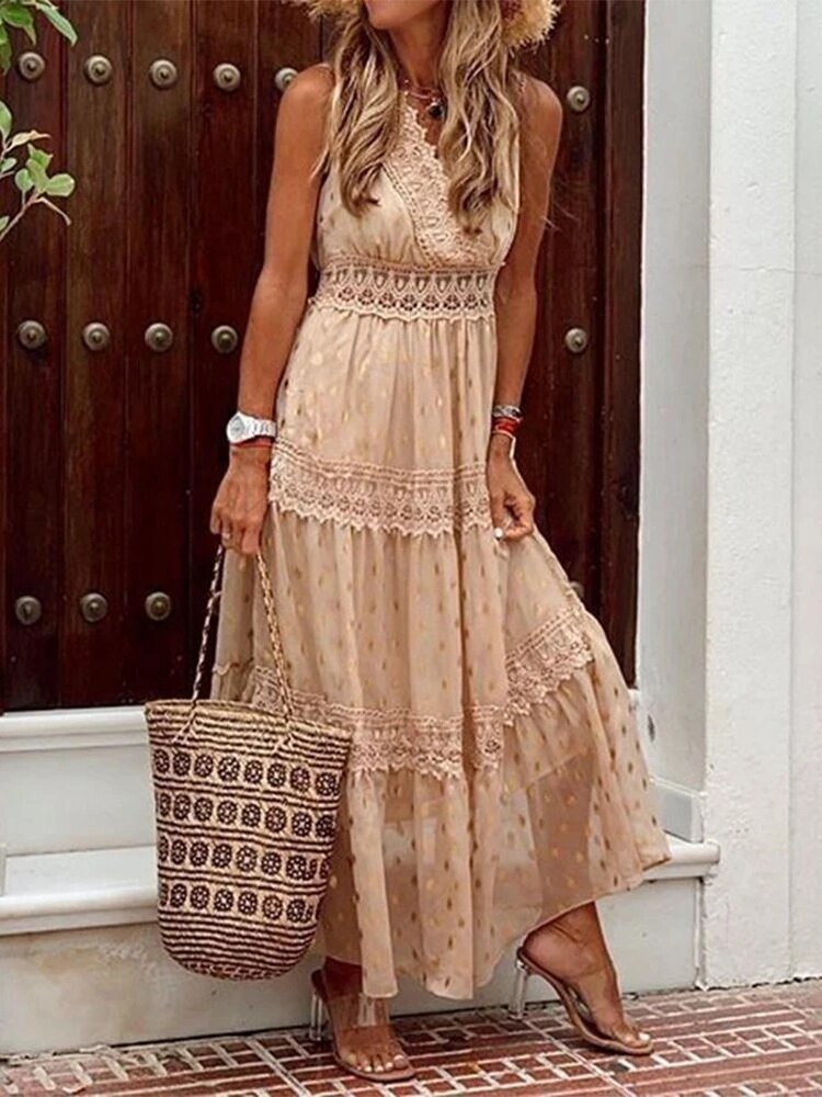 Women's Lace Maxi Dress for Wedding Guests in Beige