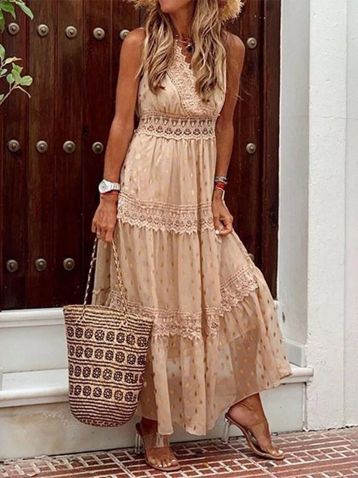 Women's Lace Maxi Dress for Wedding Guests in Beige