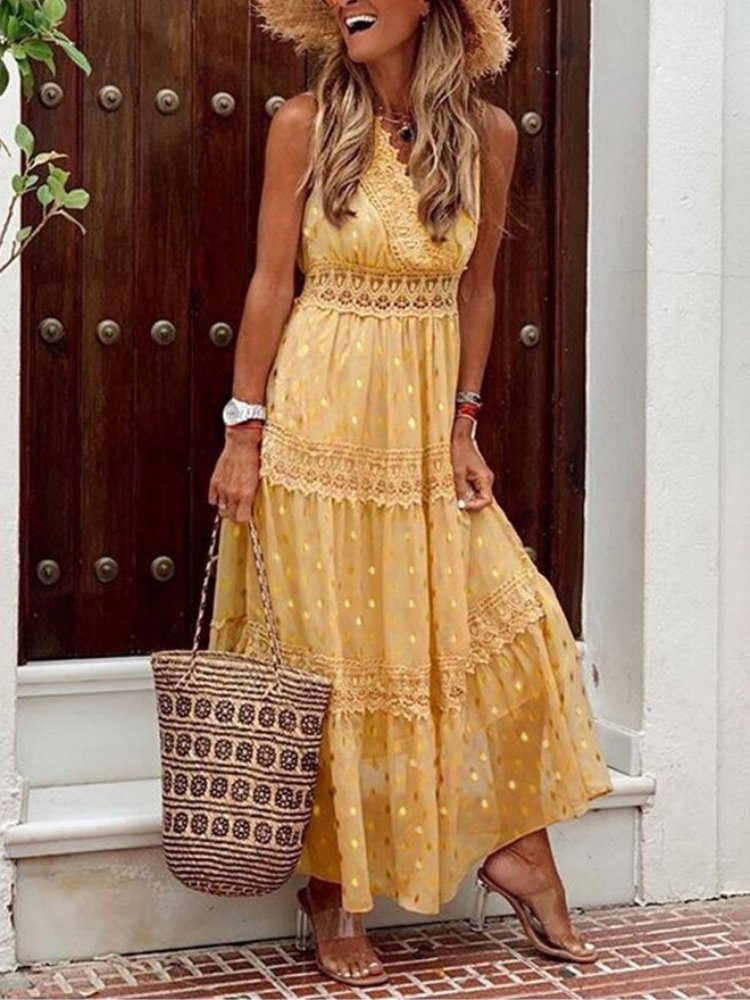 Women's Lace Maxi Dress for Wedding Guests in Yellow