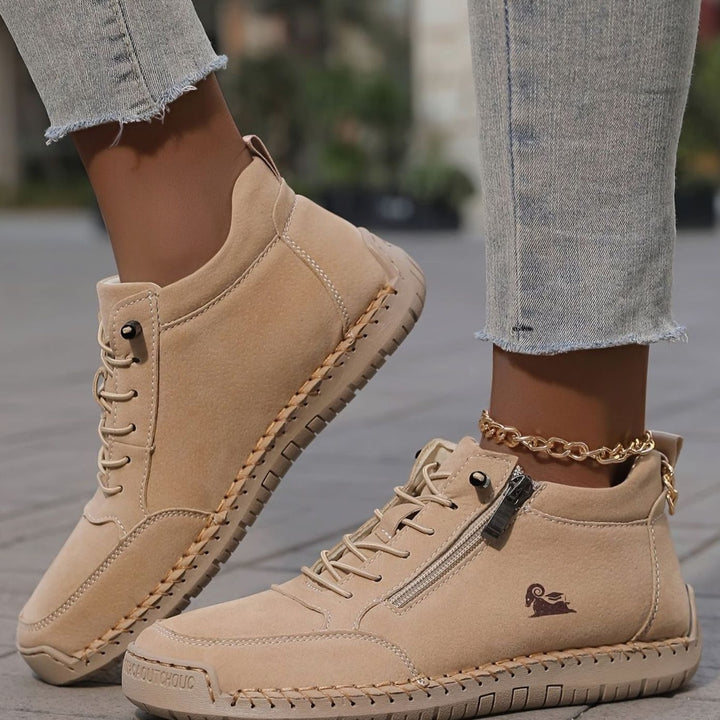 Women's Lace-Up Comfort Ankle Boots with Zipper in Khaki