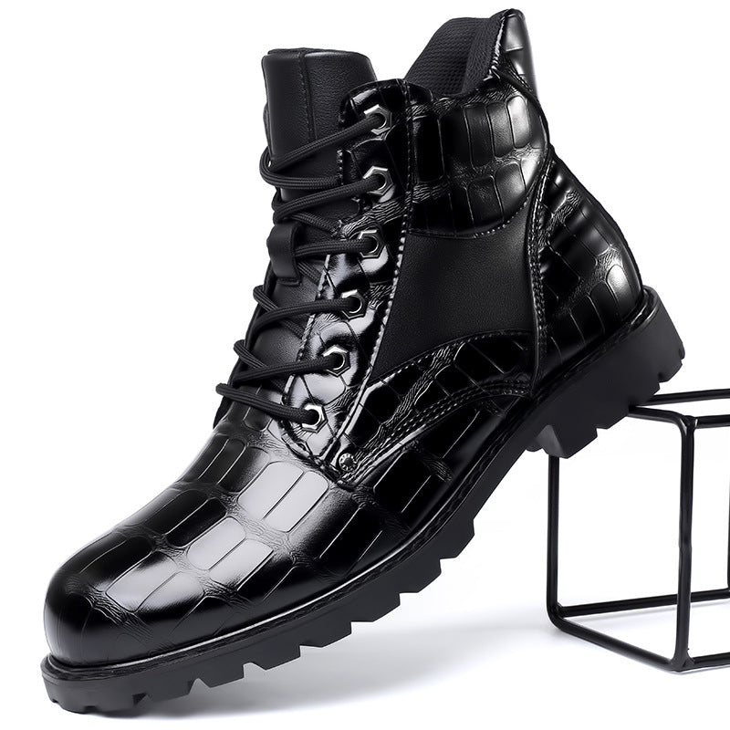 Women's Lace-Up Crocodile Boots for Autumn Outfits in Black