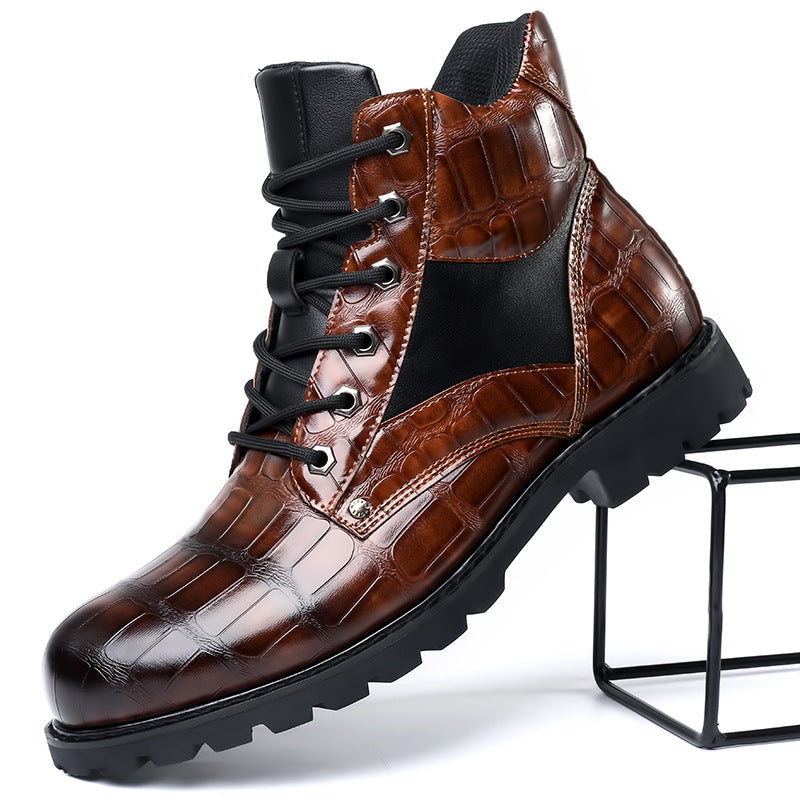 Women's Lace-Up Crocodile Boots for Autumn Outfits in Brown