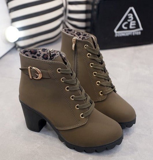 Women's Lace-Up Knee High Boots for Autumn in Armeegrün