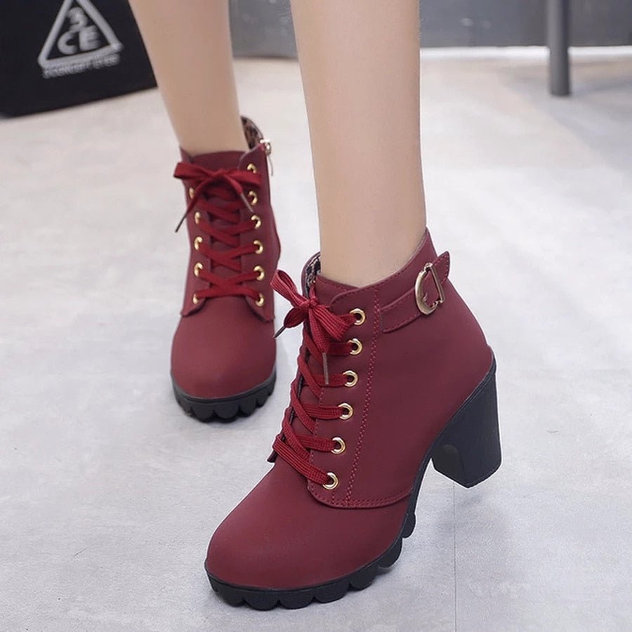 Women's Lace-Up Knee High Boots for Autumn in Red