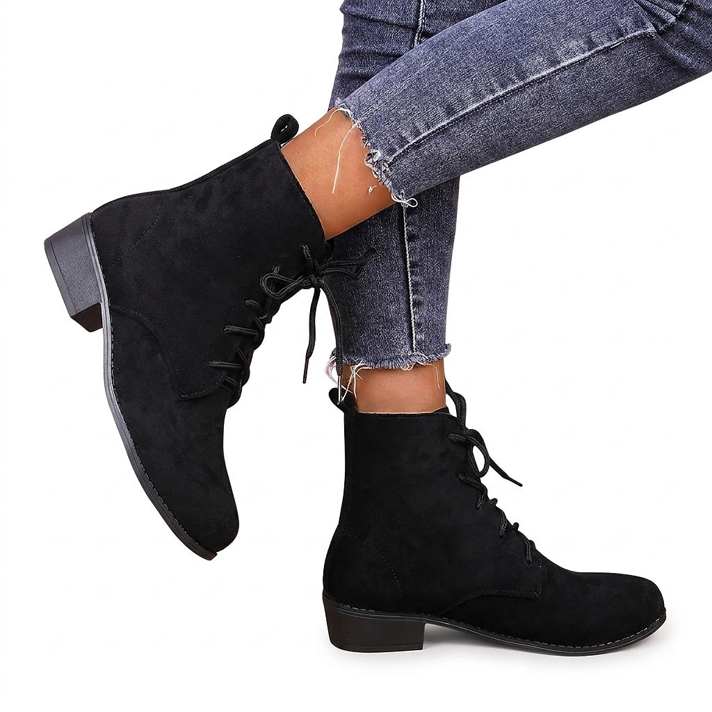 Women's Laced Black Ankle Boots, Block Heel in Black