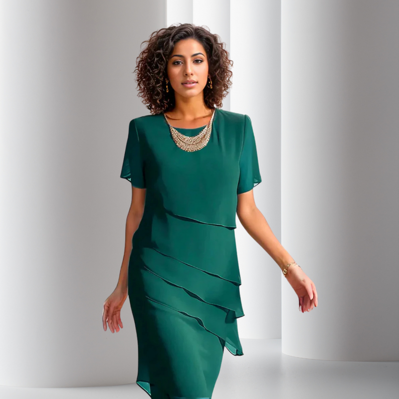 Women's Layered Chiffon Midi Party Dress in Green