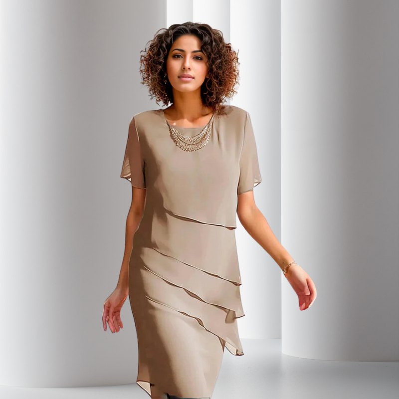 Women's Layered Chiffon Midi Party Dress in Khaki