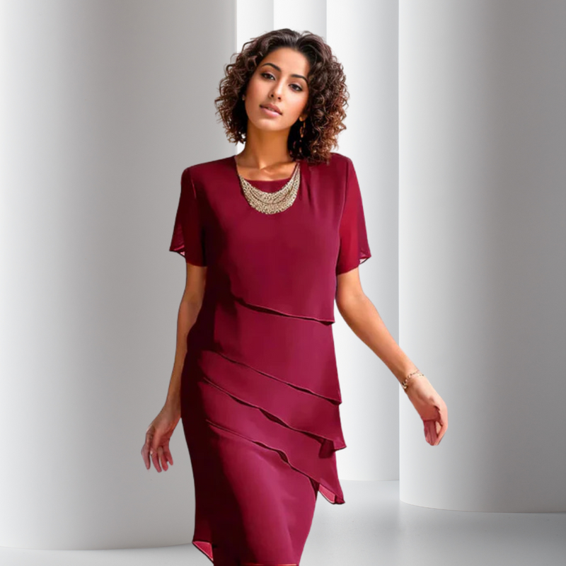 Women's Layered Chiffon Midi Party Dress in Red