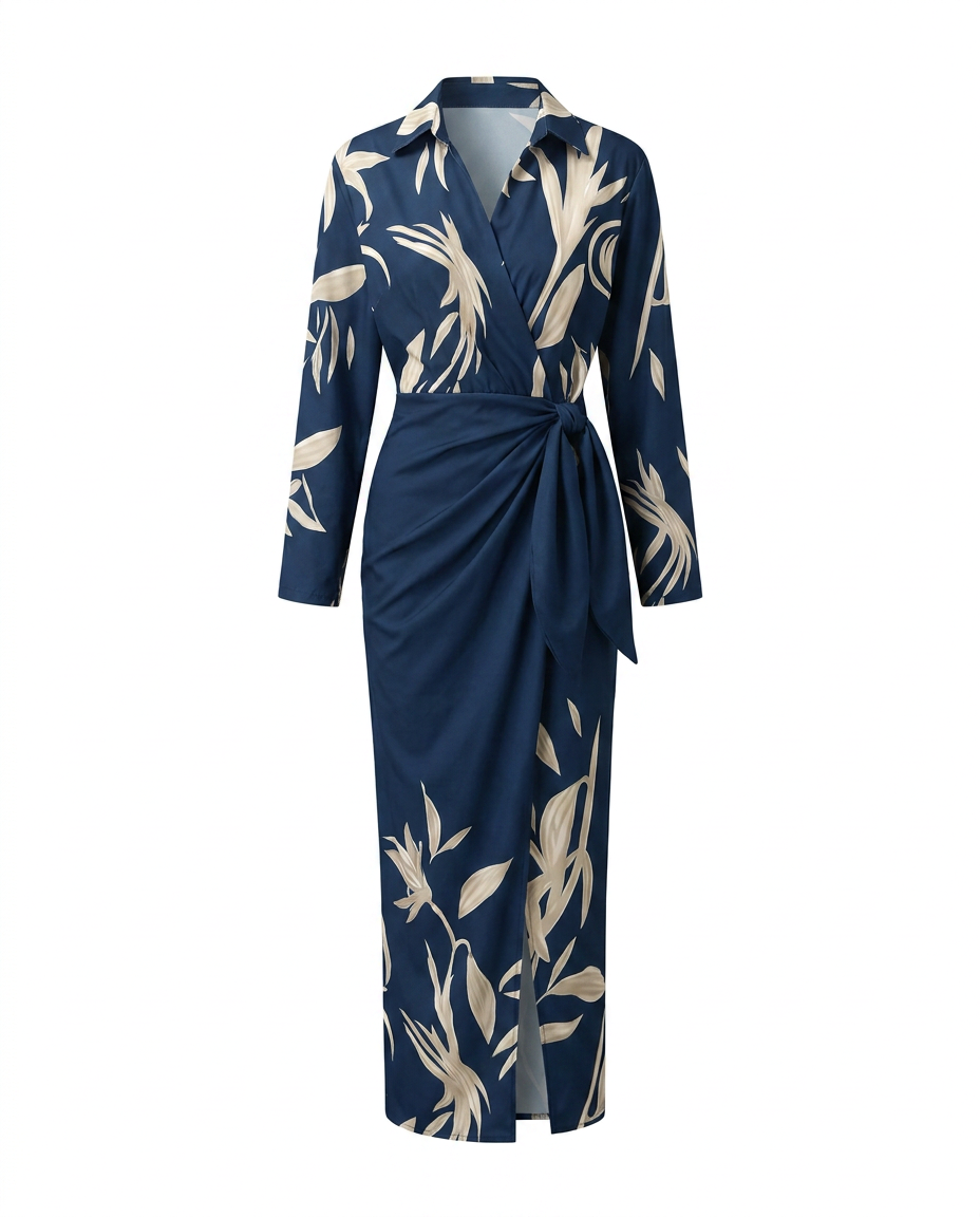 Women's Leaf Print Summer Dress, Maxi Wrap in Light Blue 2