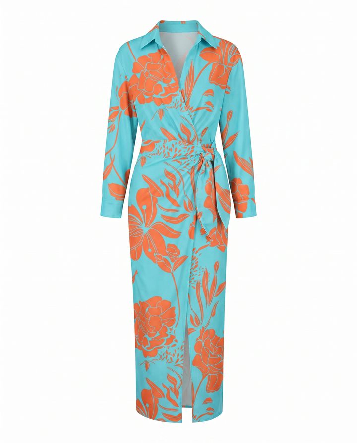 Women's Leaf Print Summer Dress, Maxi Wrap in Light Blue 3