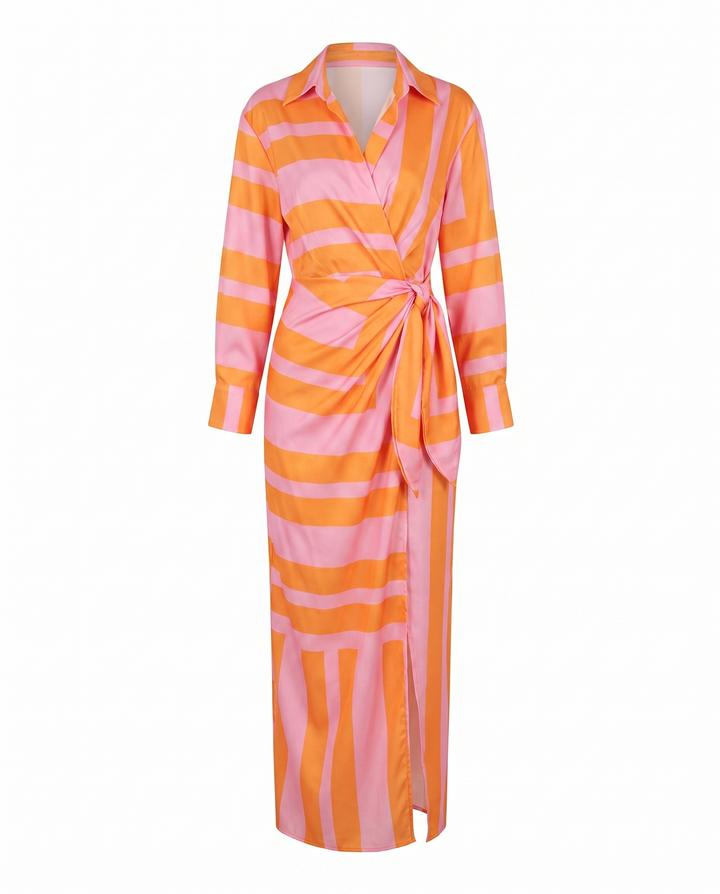 Women's Leaf Print Summer Dress, Maxi Wrap in Orange 2