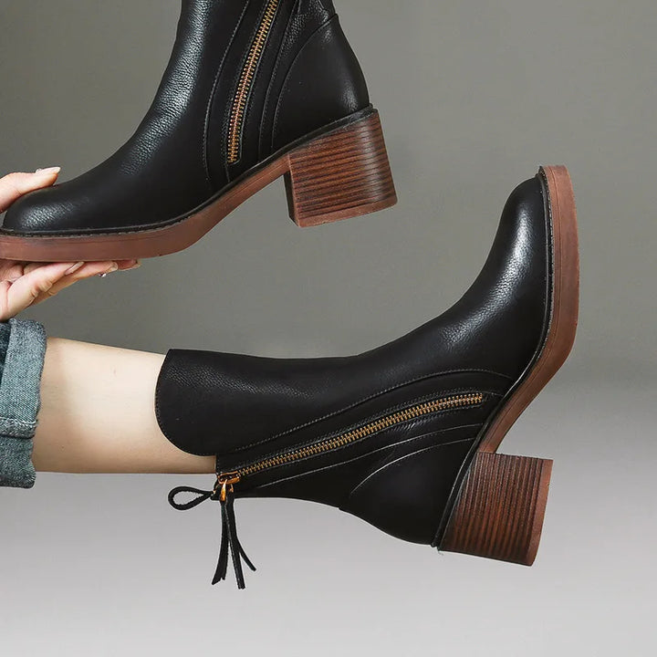 Women's Leather Ankle Boots Chunky Heel in Black