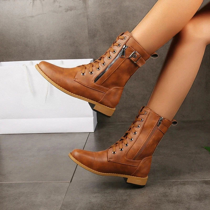 Women's Leather Ankle Boots Lace-Up