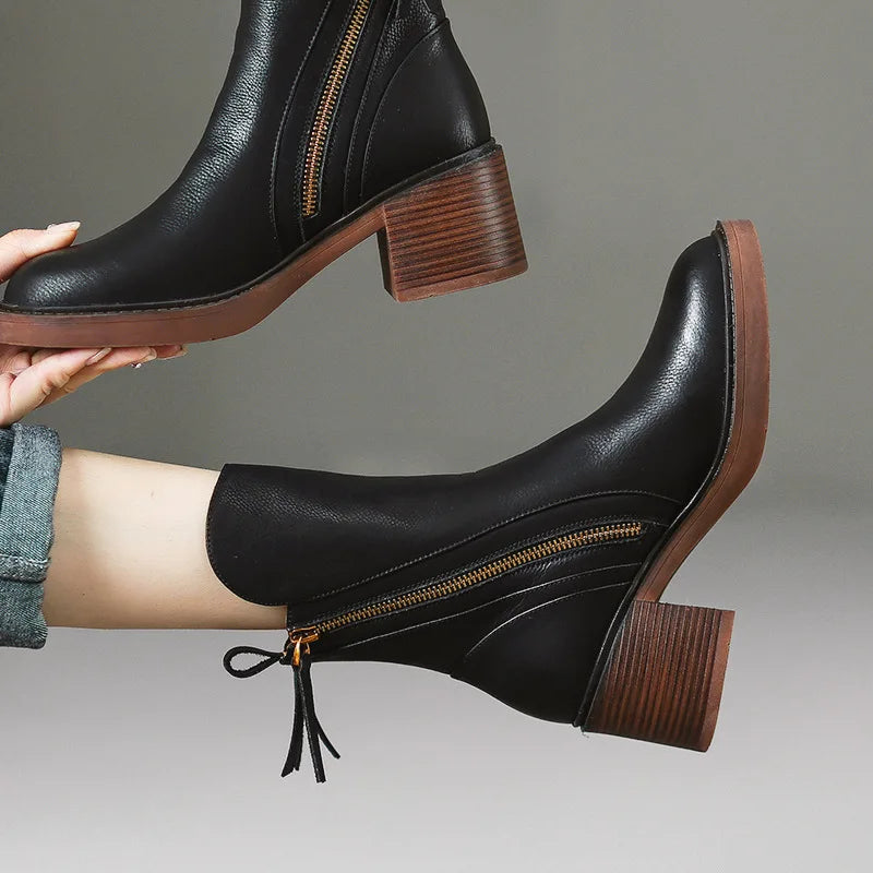 Women's Leather Ankle Boots with Chunky Heel in Black