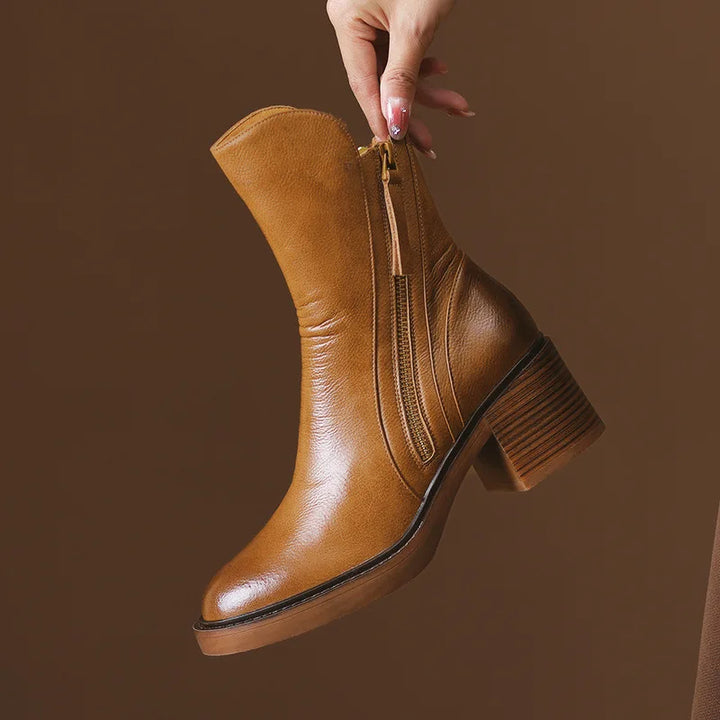 Women's Leather Ankle Boots with Chunky Heel in Brown