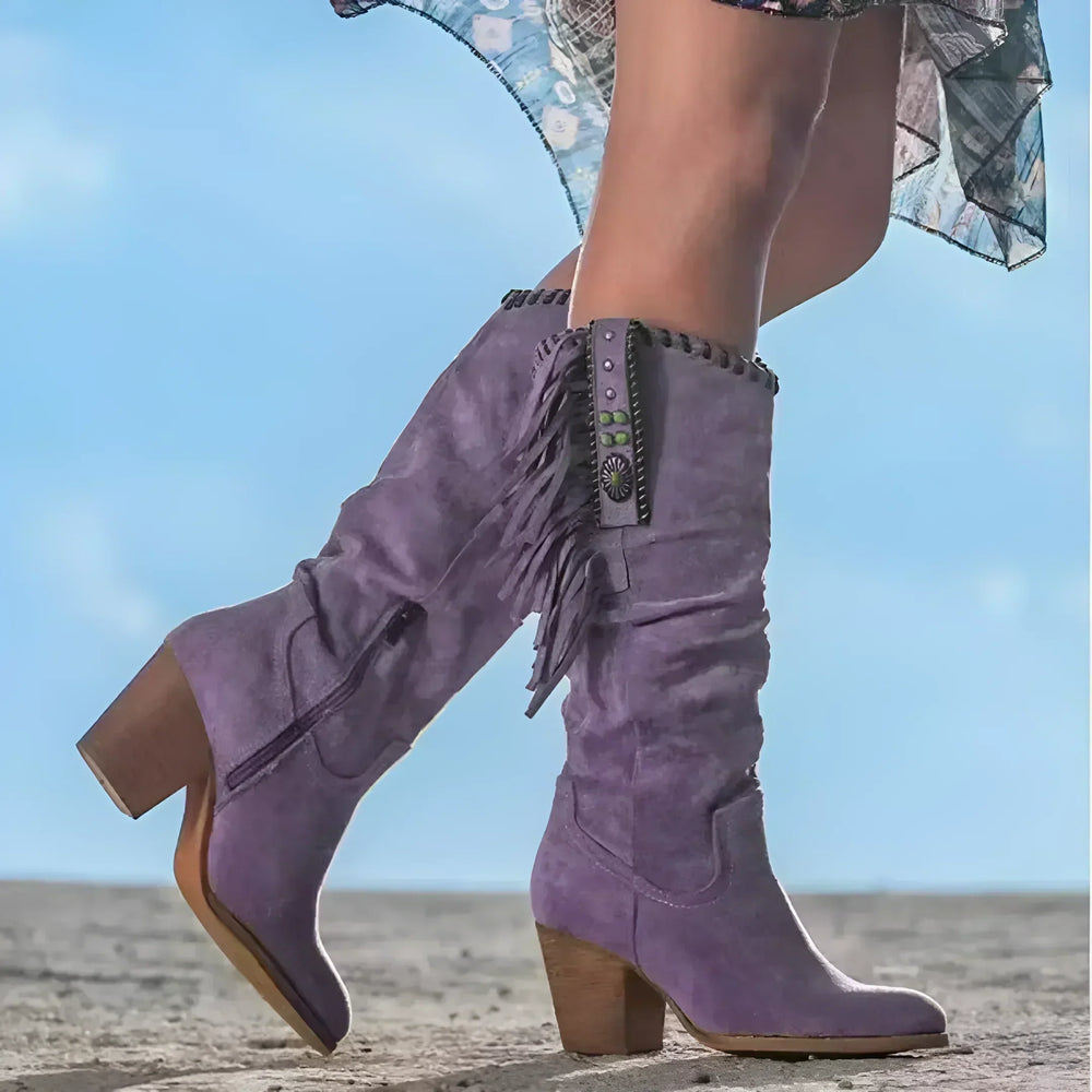 Women's Leather Cowboy Boots with Fringe in Purple