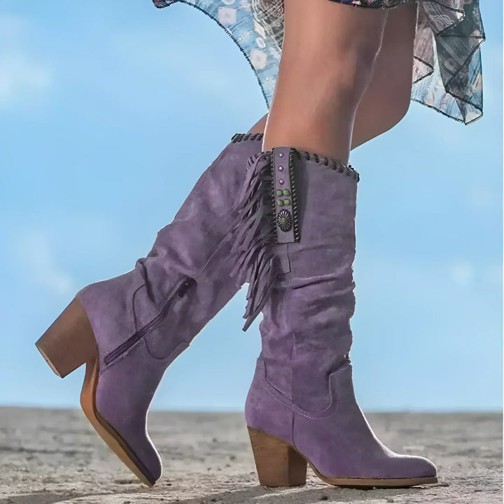 Women's Leather Cowboy Boots with Fringe in Purple