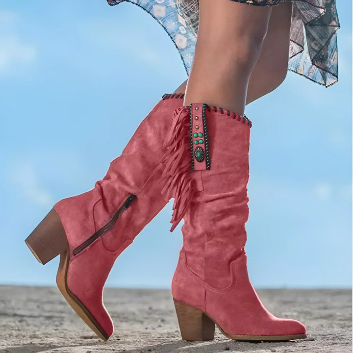 Women's Leather Cowboy Boots with Fringe in Red