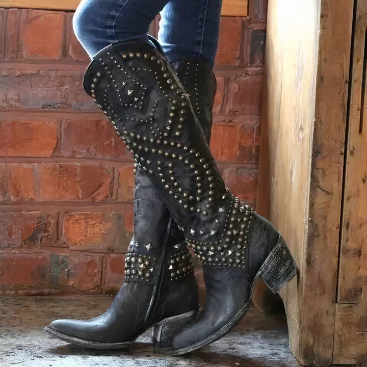 Women's Leather Western High Heel Boots in Black