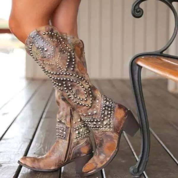 Women's Leather Western High Heel Boots in Brown