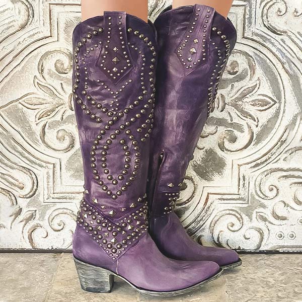 Women's Leather Western High Heel Boots in Purple
