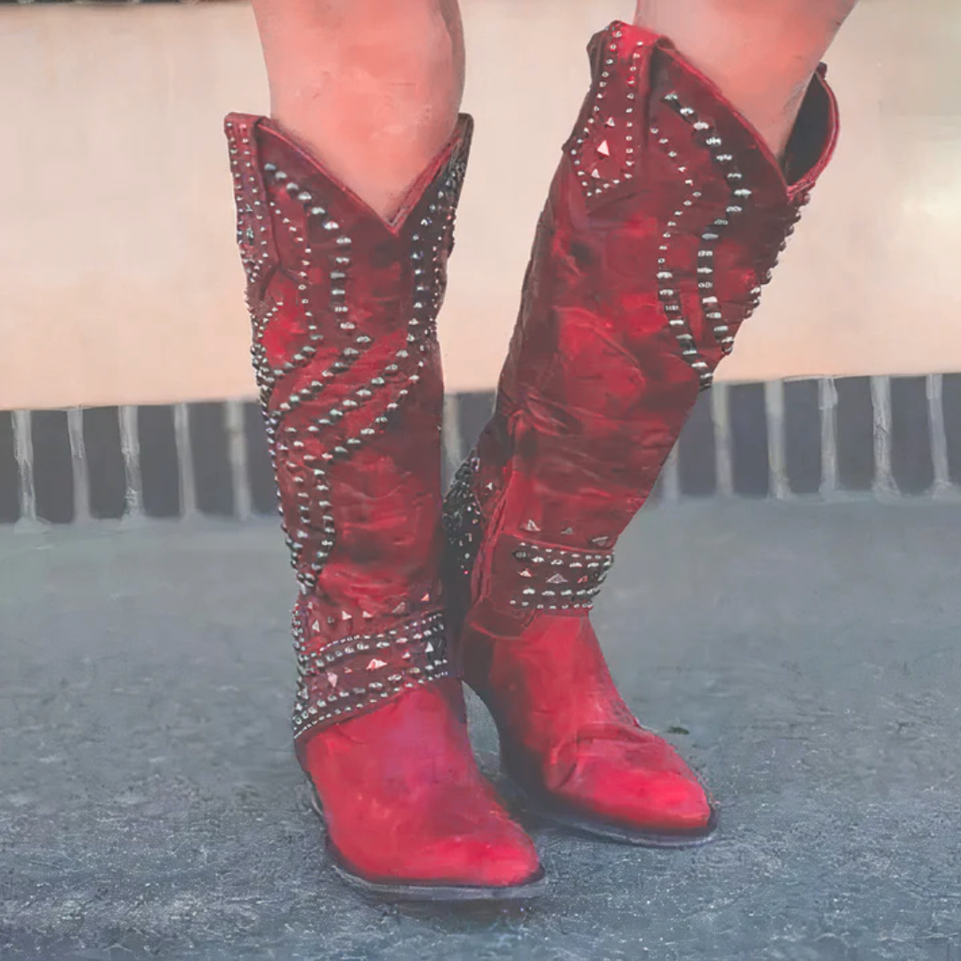 Women's Leather Western High Heel Boots in Red