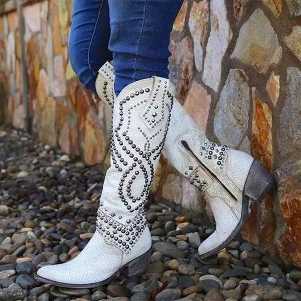 Women's Leather Western High Heel Boots in White