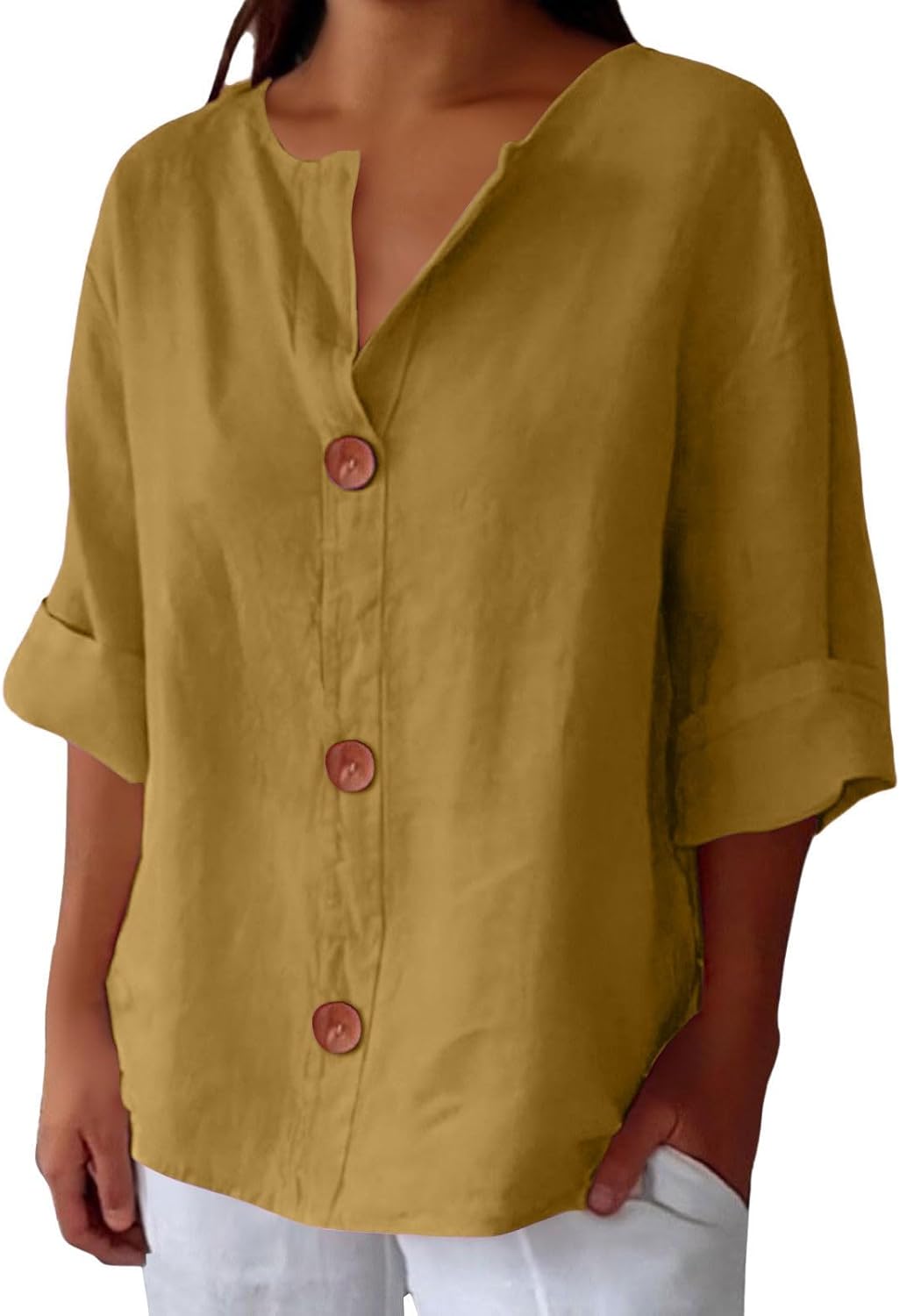 Women's Light Linen Blouse for Summer in Yellow
