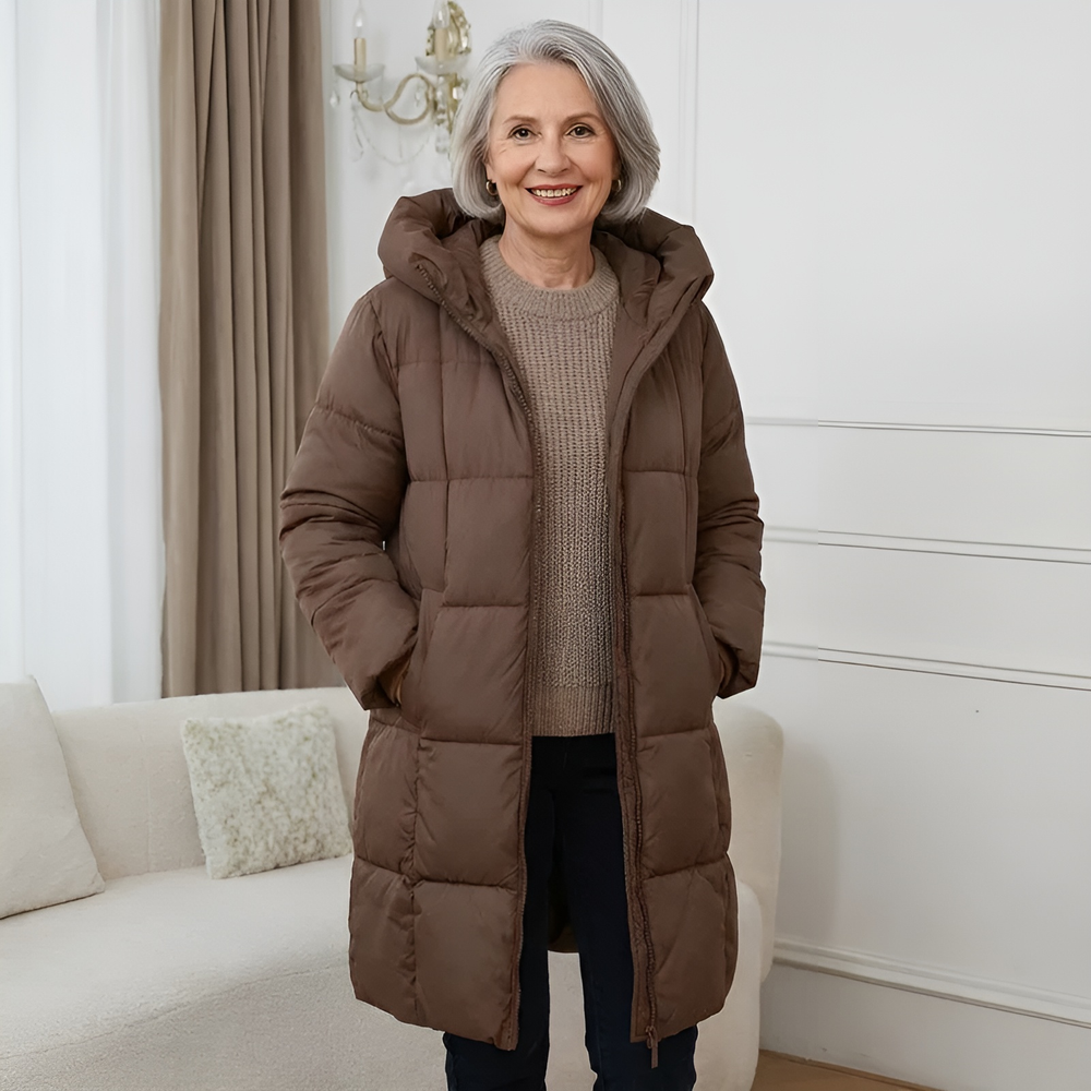 Women's Lightweight Long Puffer Jacket for Autumn in Schokolade