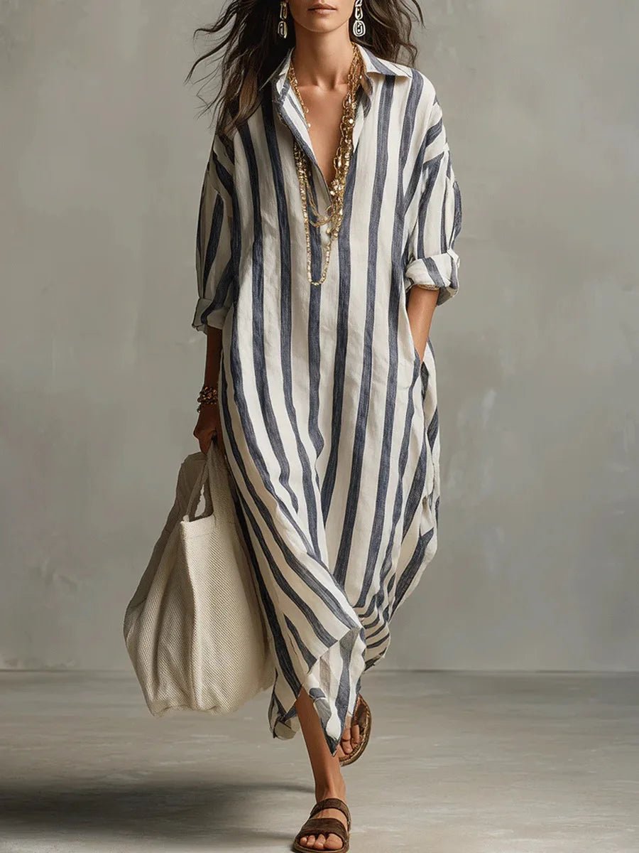 Women's Linen Boho Maxi Dress for Summer in Blue