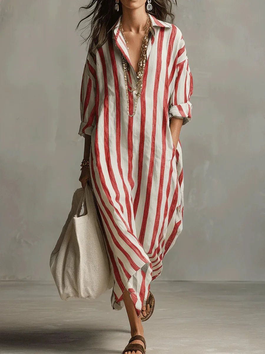 Women's Linen Boho Maxi Dress for Summer in Red