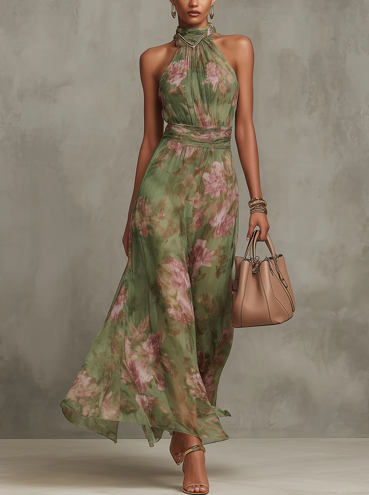 Women's Linen Dress for Summer Weddings in Grüner Blumenprint 1