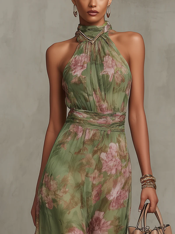 Women's Linen Dress for Summer Weddings in Grüner Blumenprint 3
