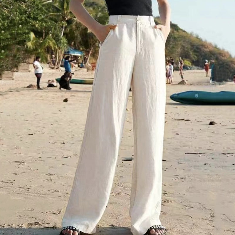 Women's Linen High Waist Wide Leg Pants in Beige