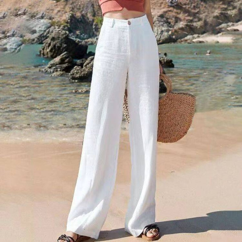 Women's Linen High Waist Wide Leg Pants in White