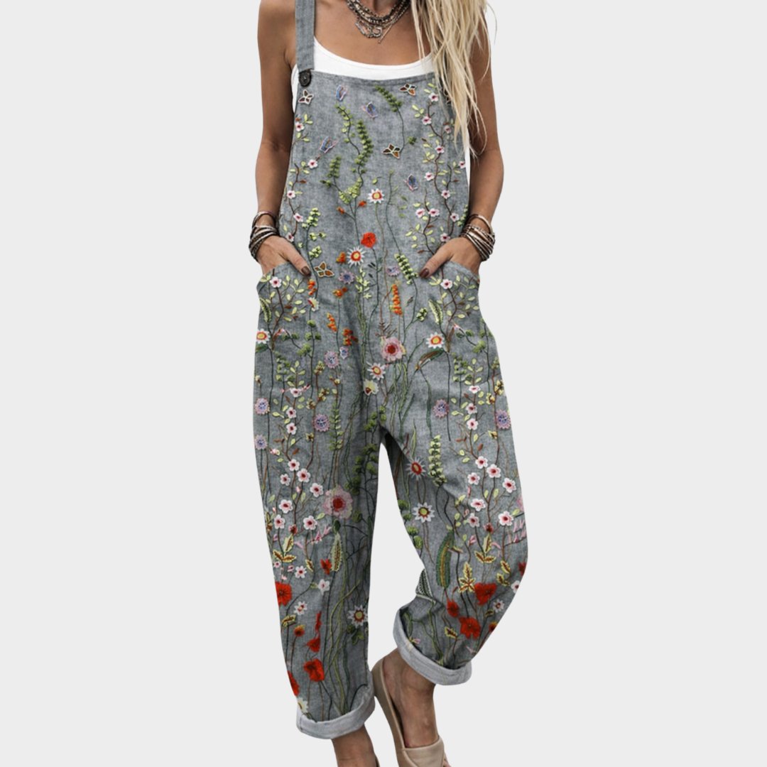 Women's Linen Jumpsuit for Summer Festivals in Grau / Blumen
