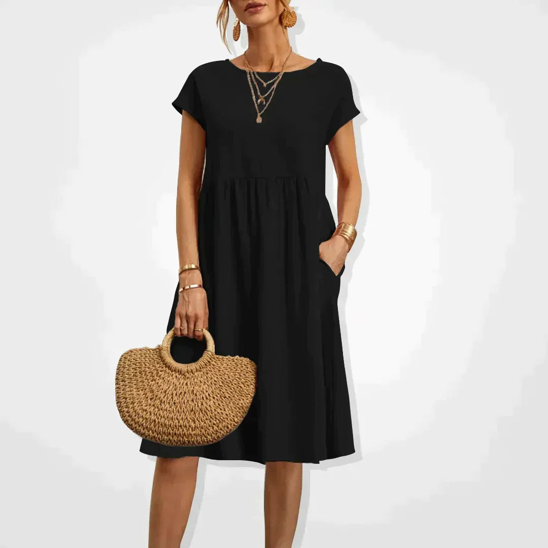Women's Linen Midi Dress for Wedding Guests in Black