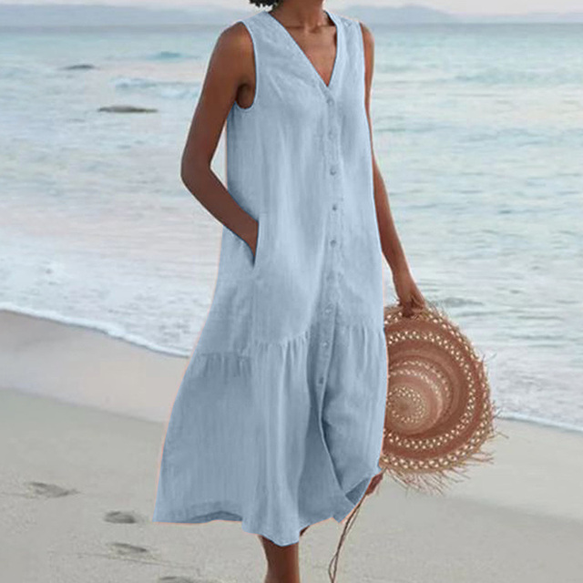 Women's Linen Midi Dress for Wedding Guests in Blue