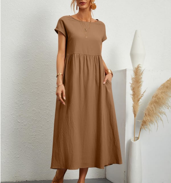 Women's Linen Midi Dress for Wedding Guests in Brown