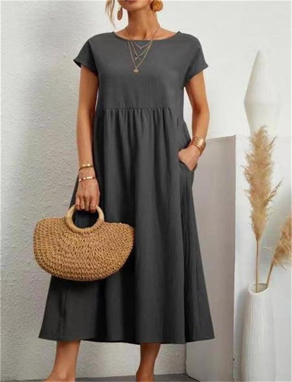 Women's Linen Midi Dress for Wedding Guests in Dark Grey