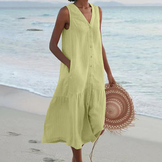 Women's Linen Midi Dress for Wedding Guests in Green