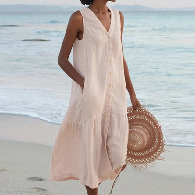 Women's Linen Midi Dress for Wedding Guests in Khaki