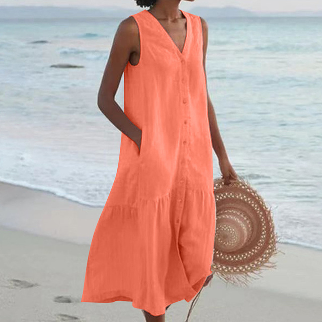 Women's Linen Midi Dress for Wedding Guests in Orange